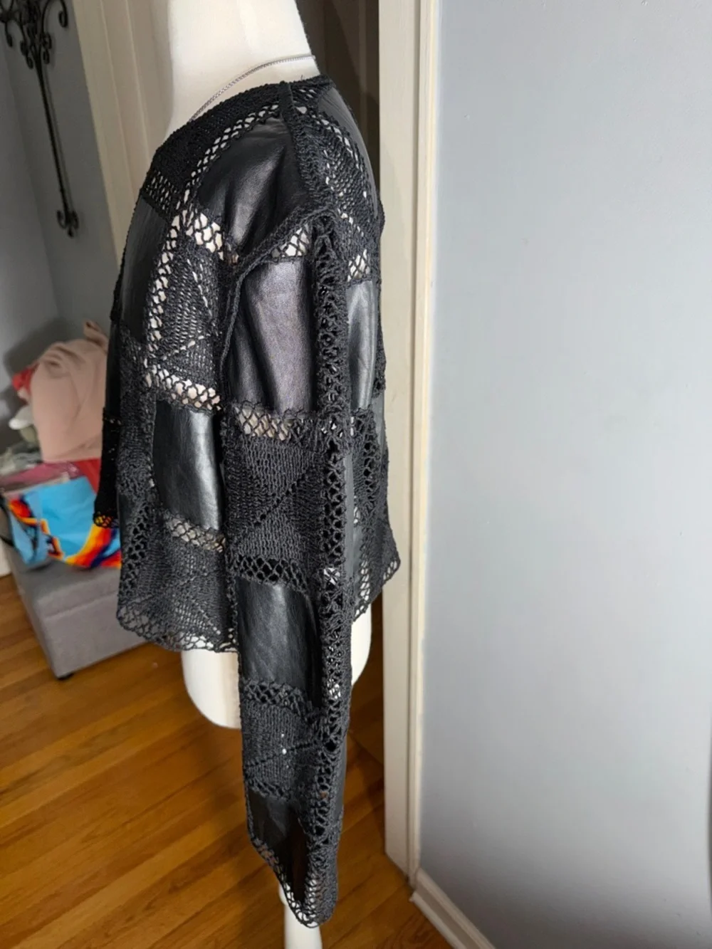 Zara Black Cropped Leather-Lace Grid Top